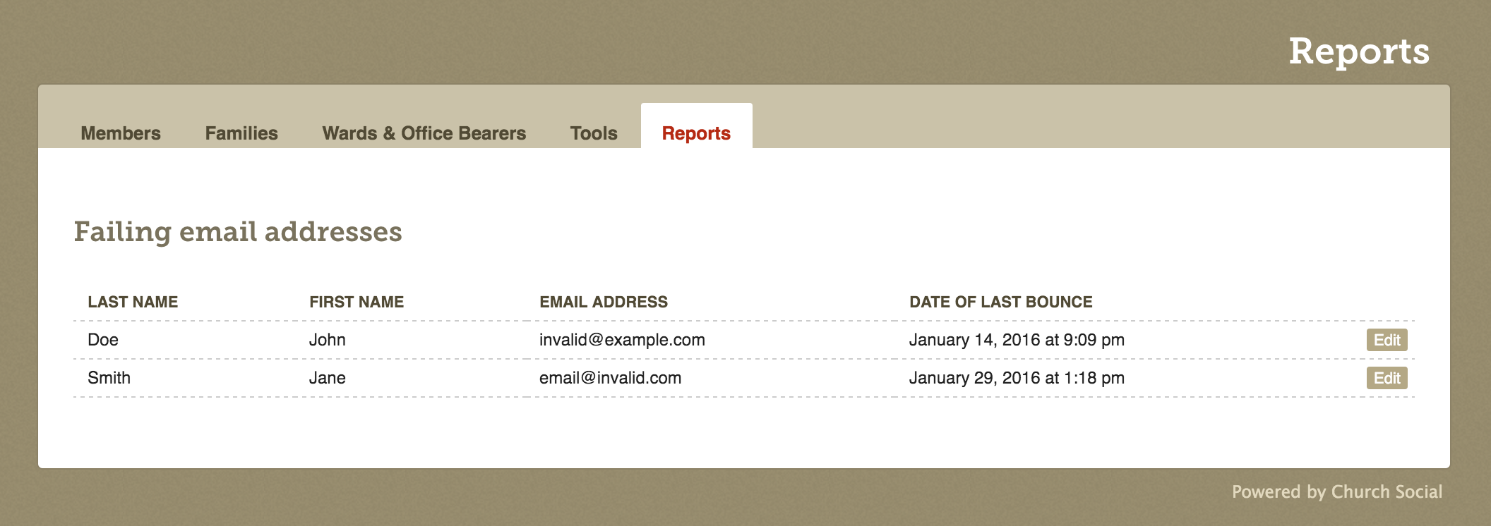 Screenshot of the failing email addresses report