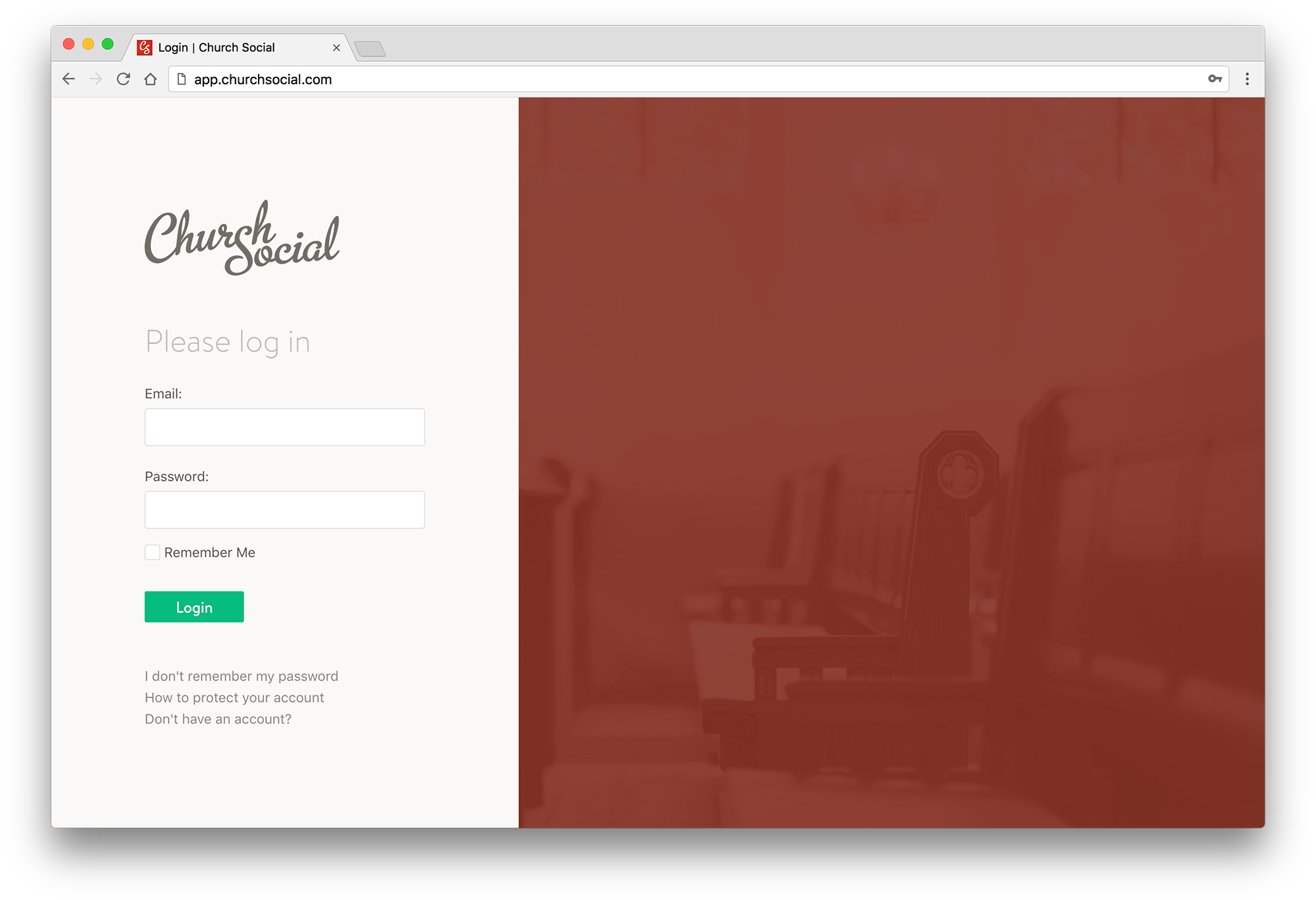 Screenshot of the redesigned Church Social login page