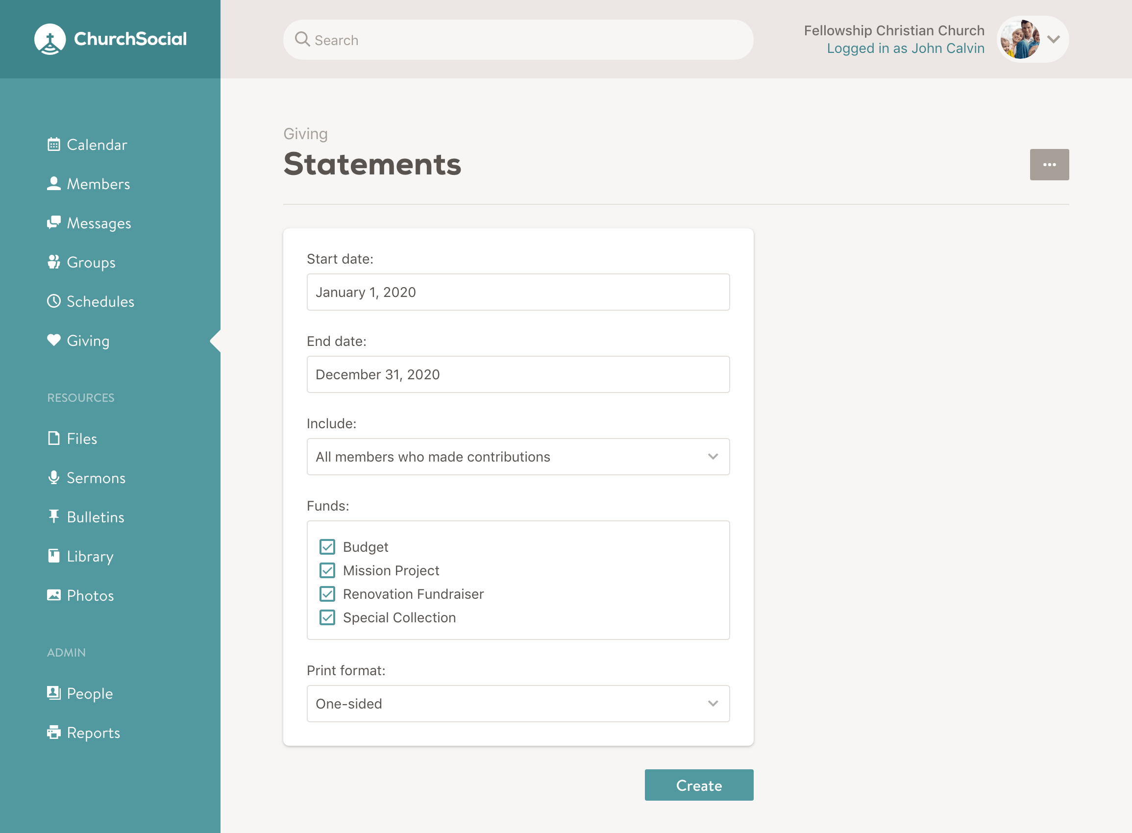 Screenshot of the create statements page