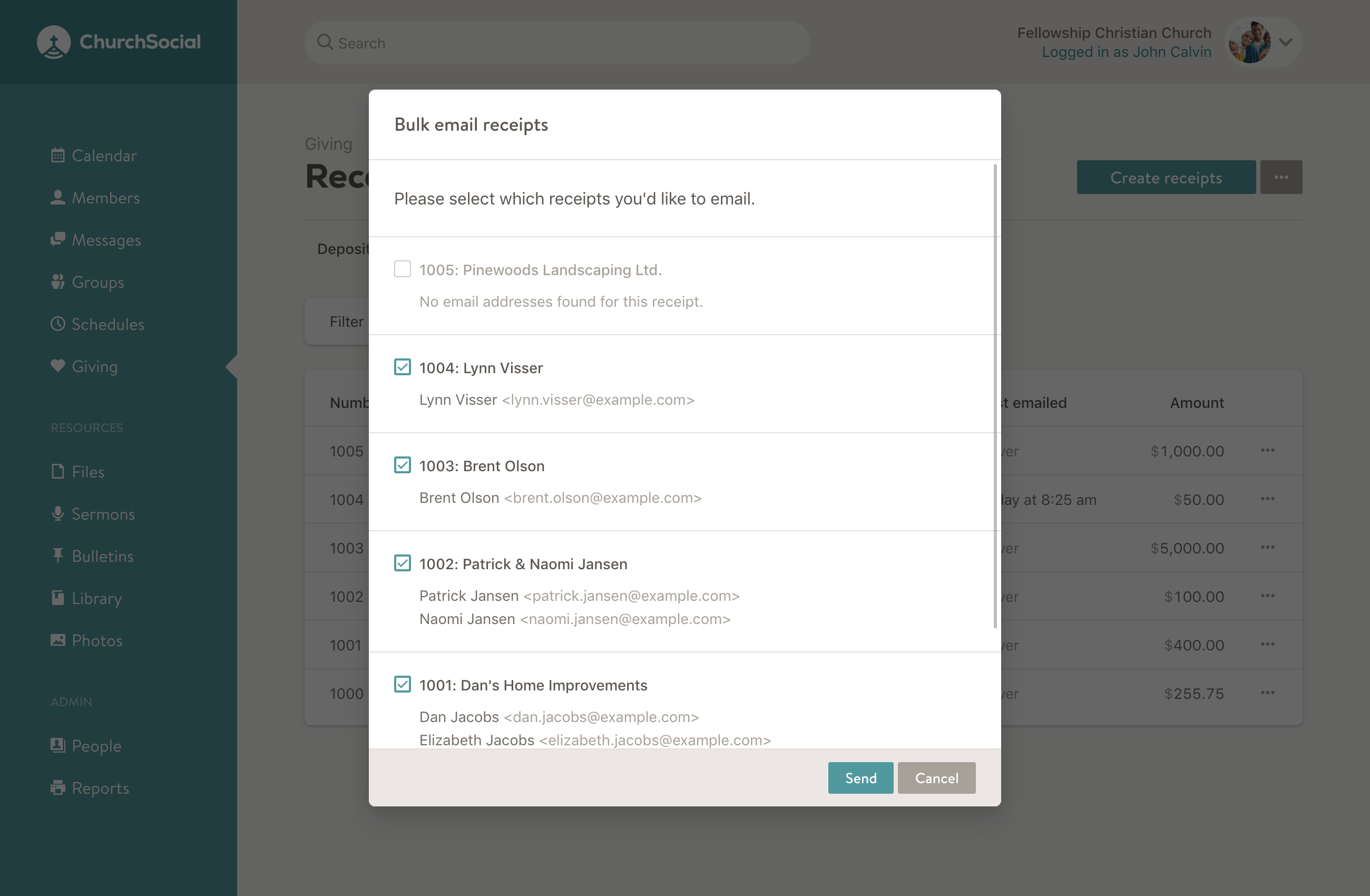 Screenshot of the bulk email receipt option