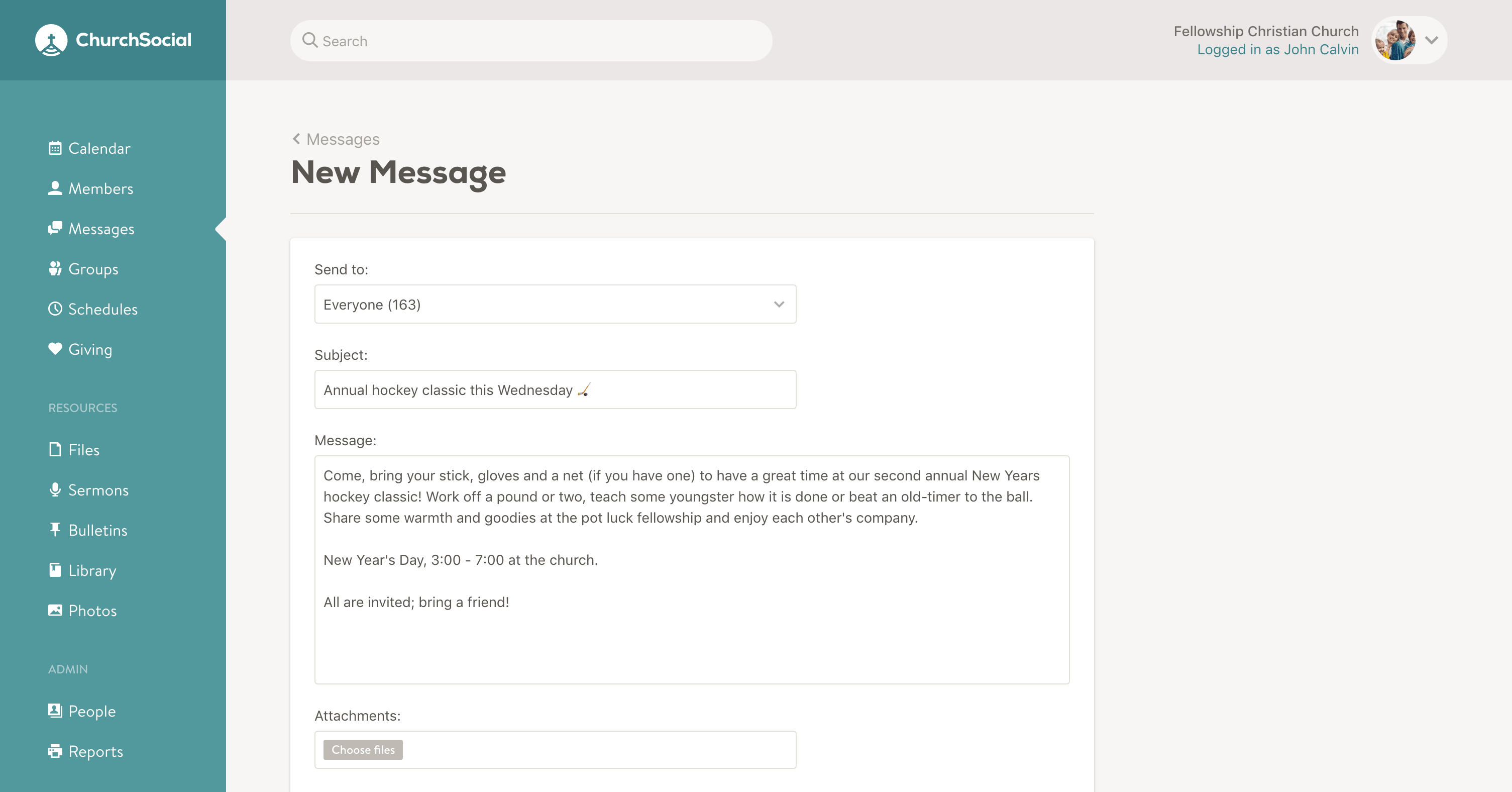 Screenshot of the new message page