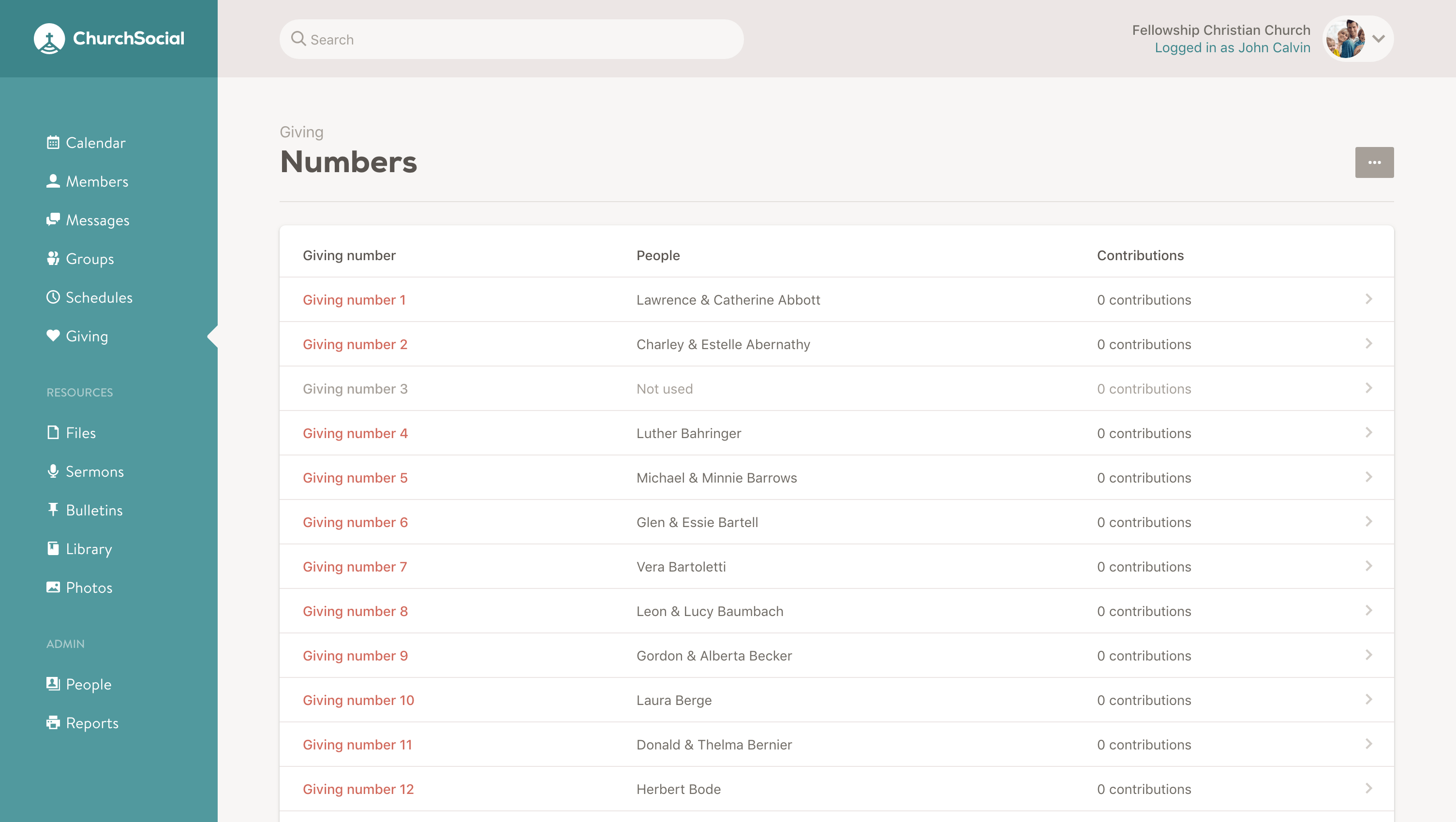 Screenshot of the giving numbers page