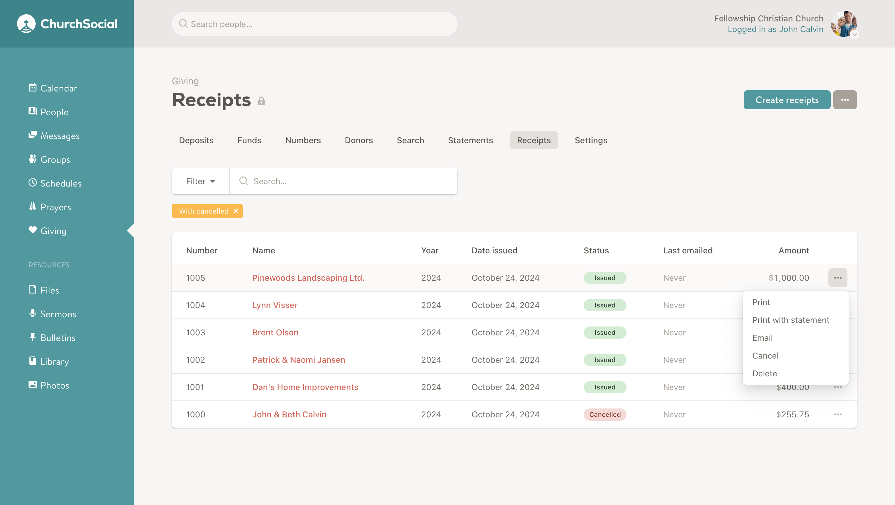 Screenshot of the tax receipts page