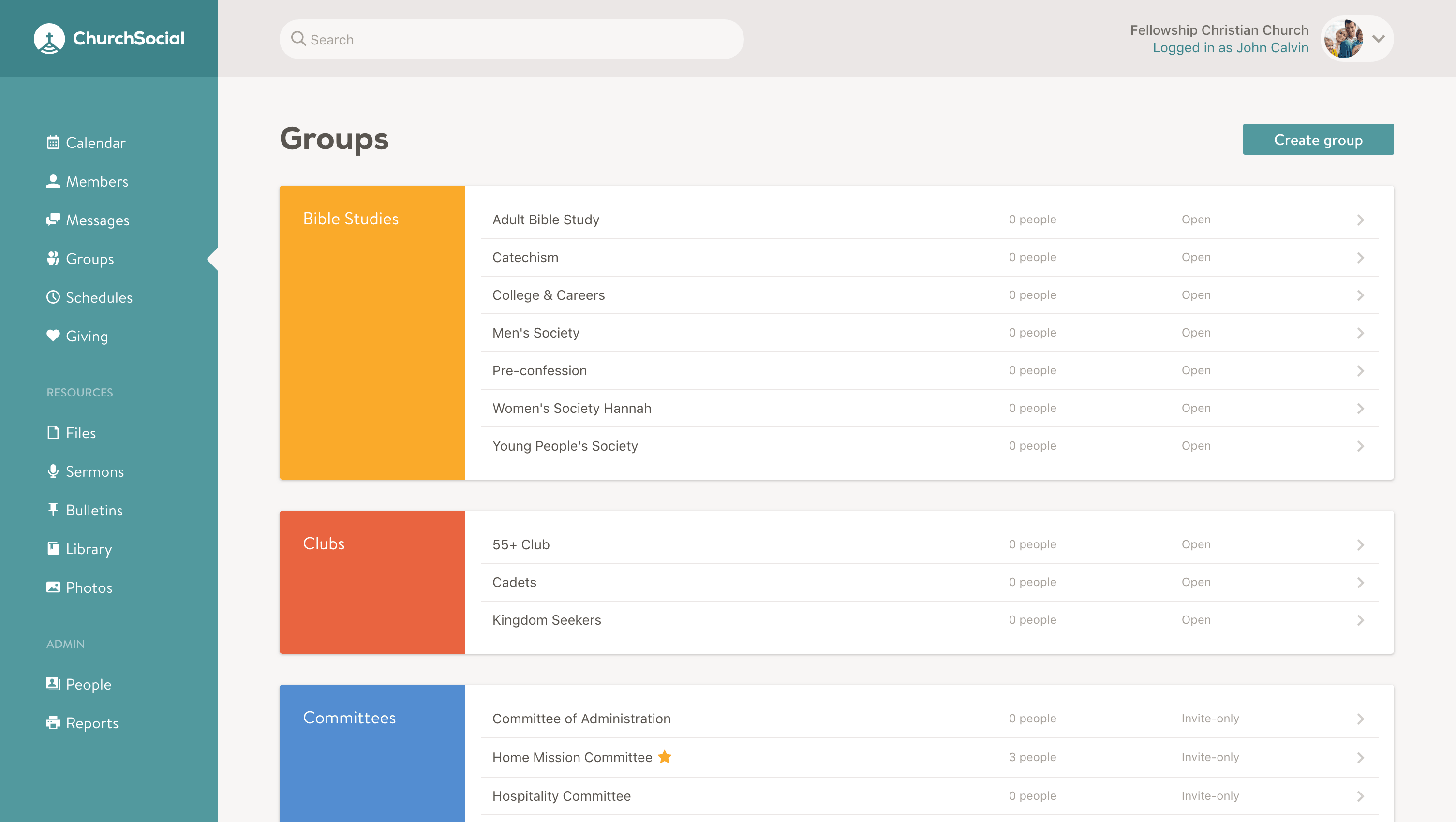 Screenshot of the groups page