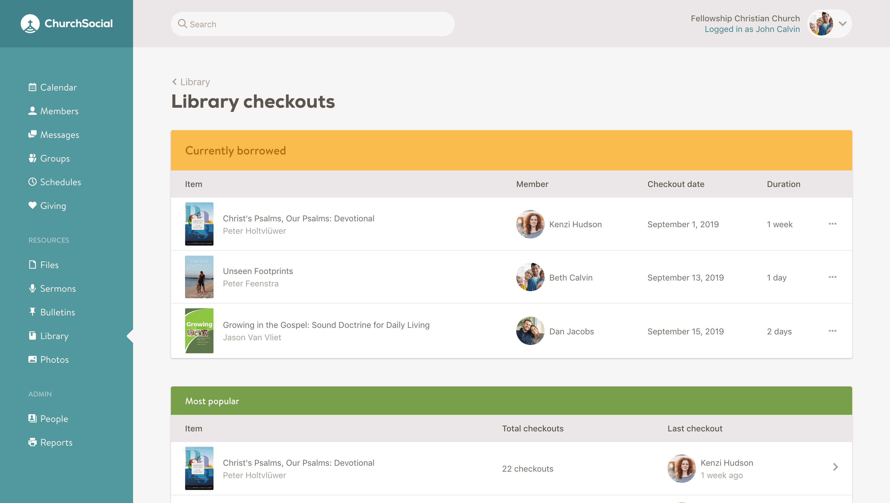 Screenshot of the library checkouts page