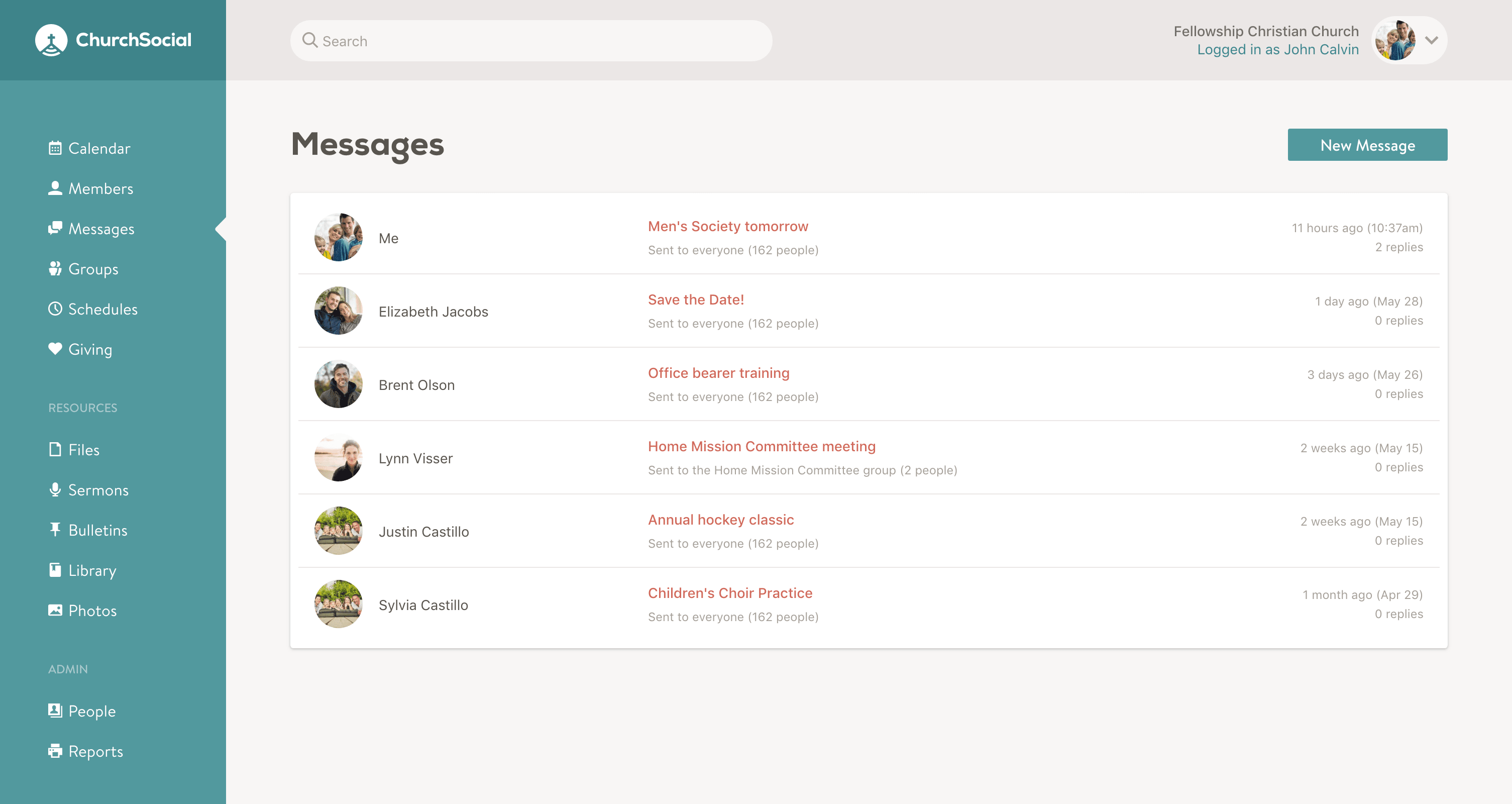 Screenshot of the messages page