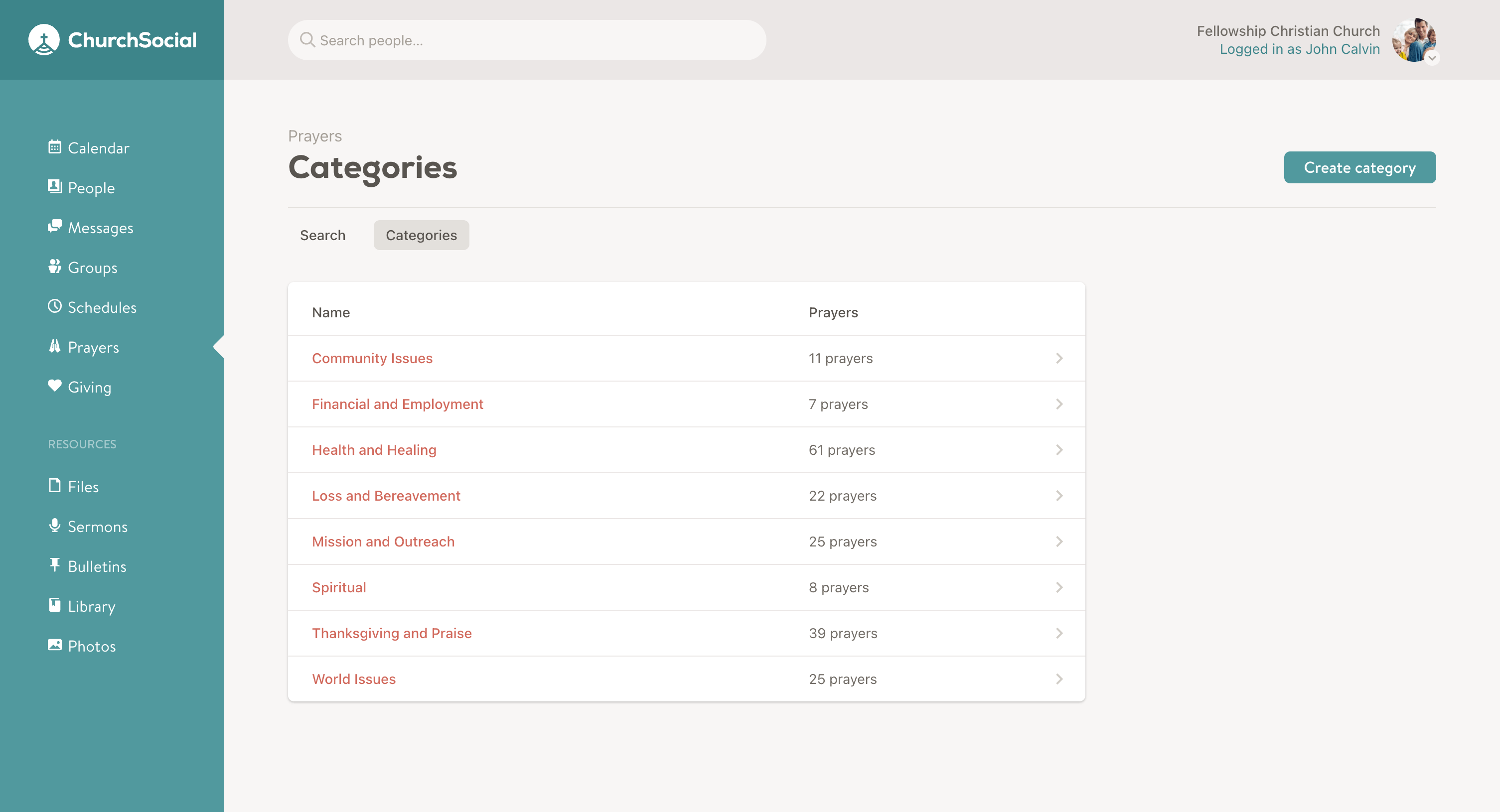 Screenshot of the prayer categories page
