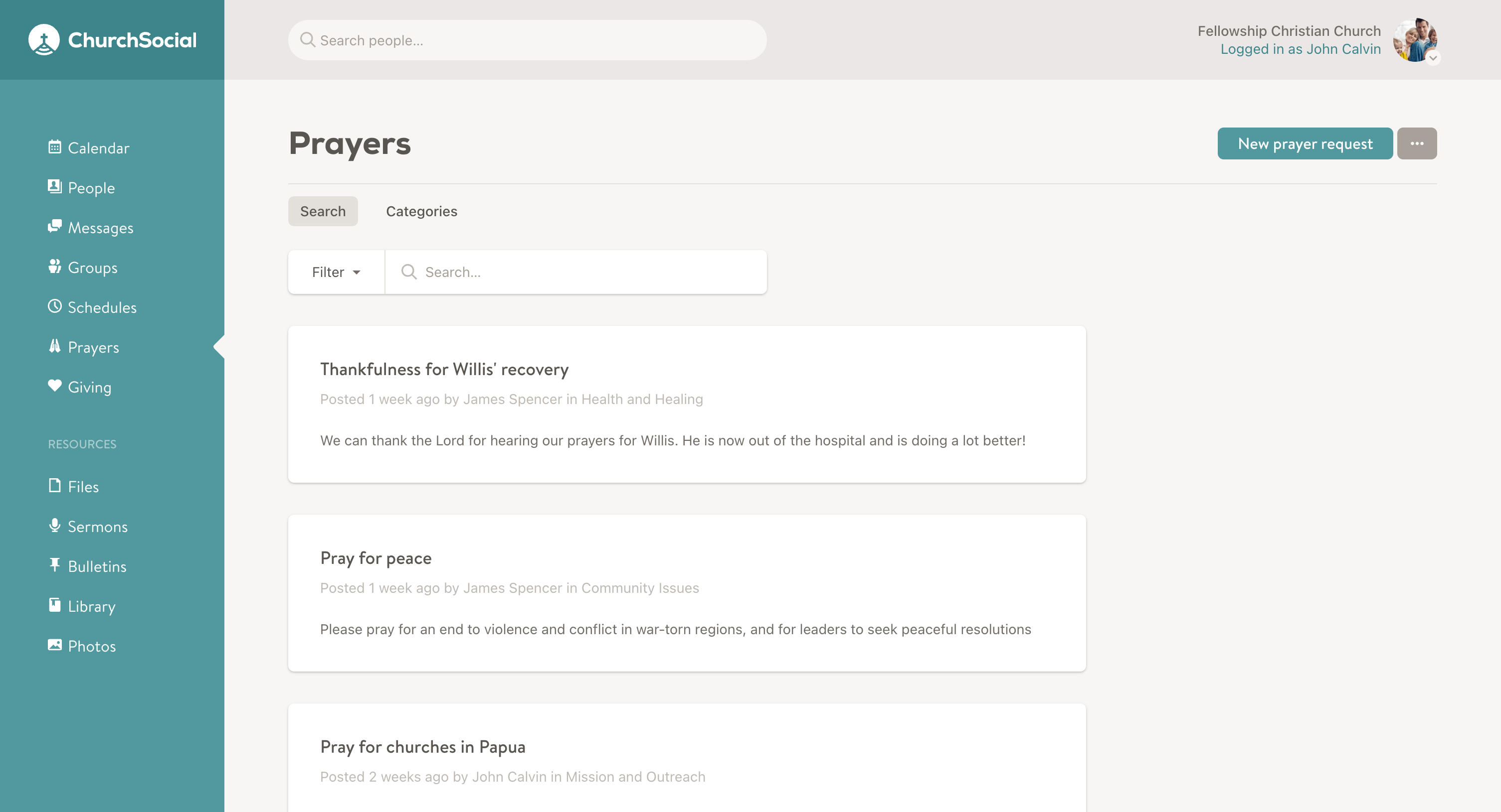 Screenshot of the prayers page