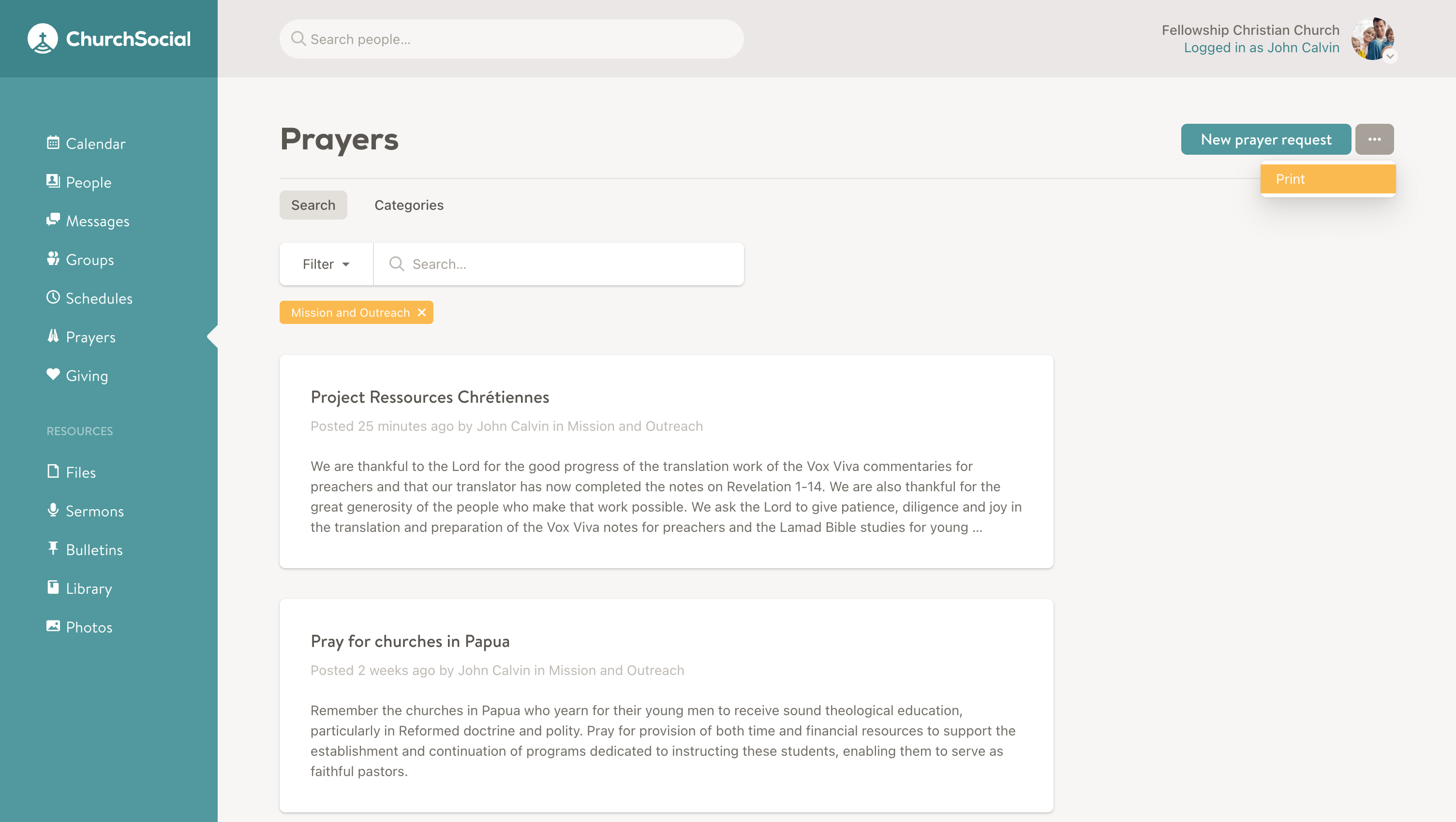 Screenshot of the prayer page with filters