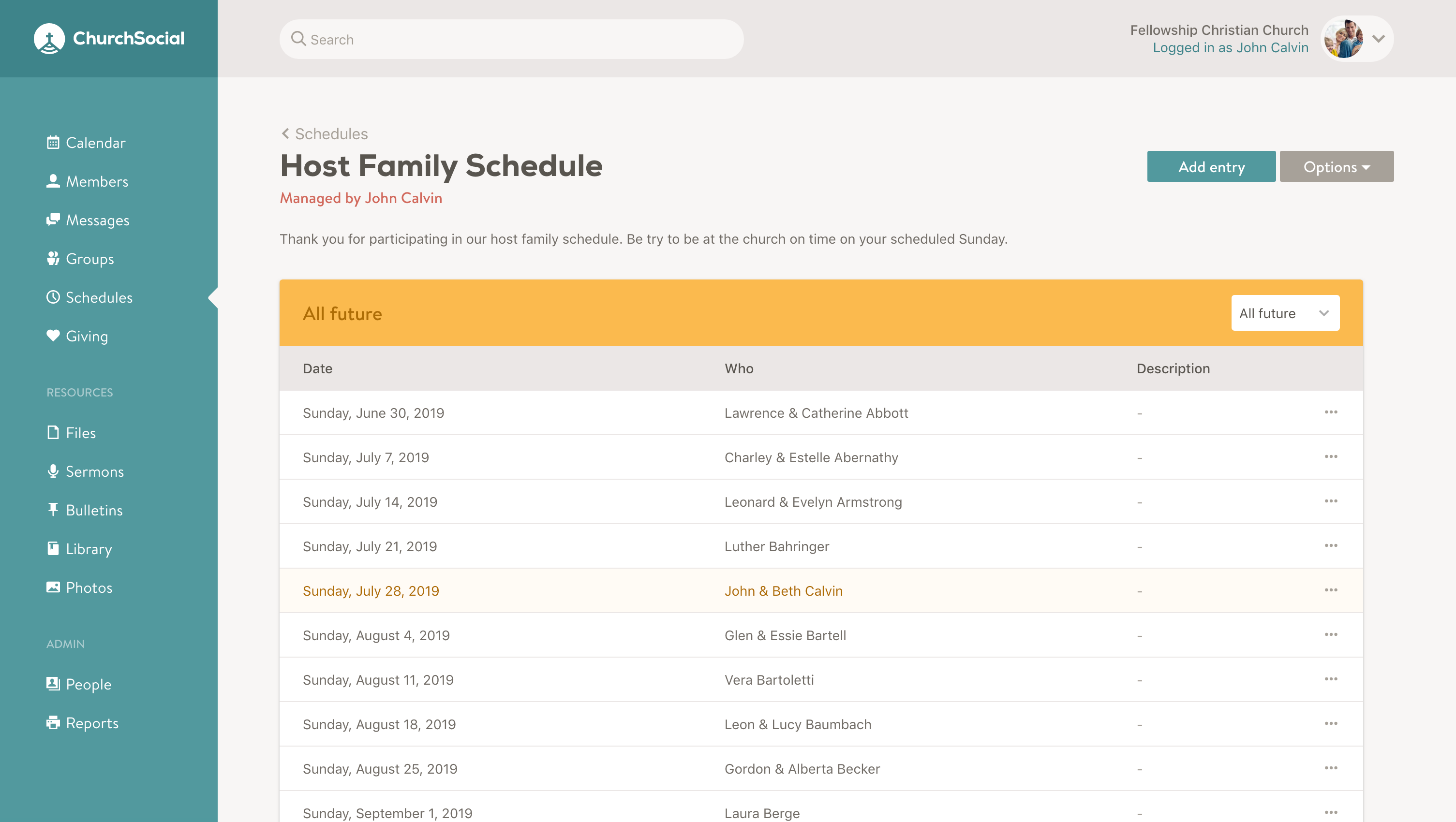 Screenshot of a schedule page