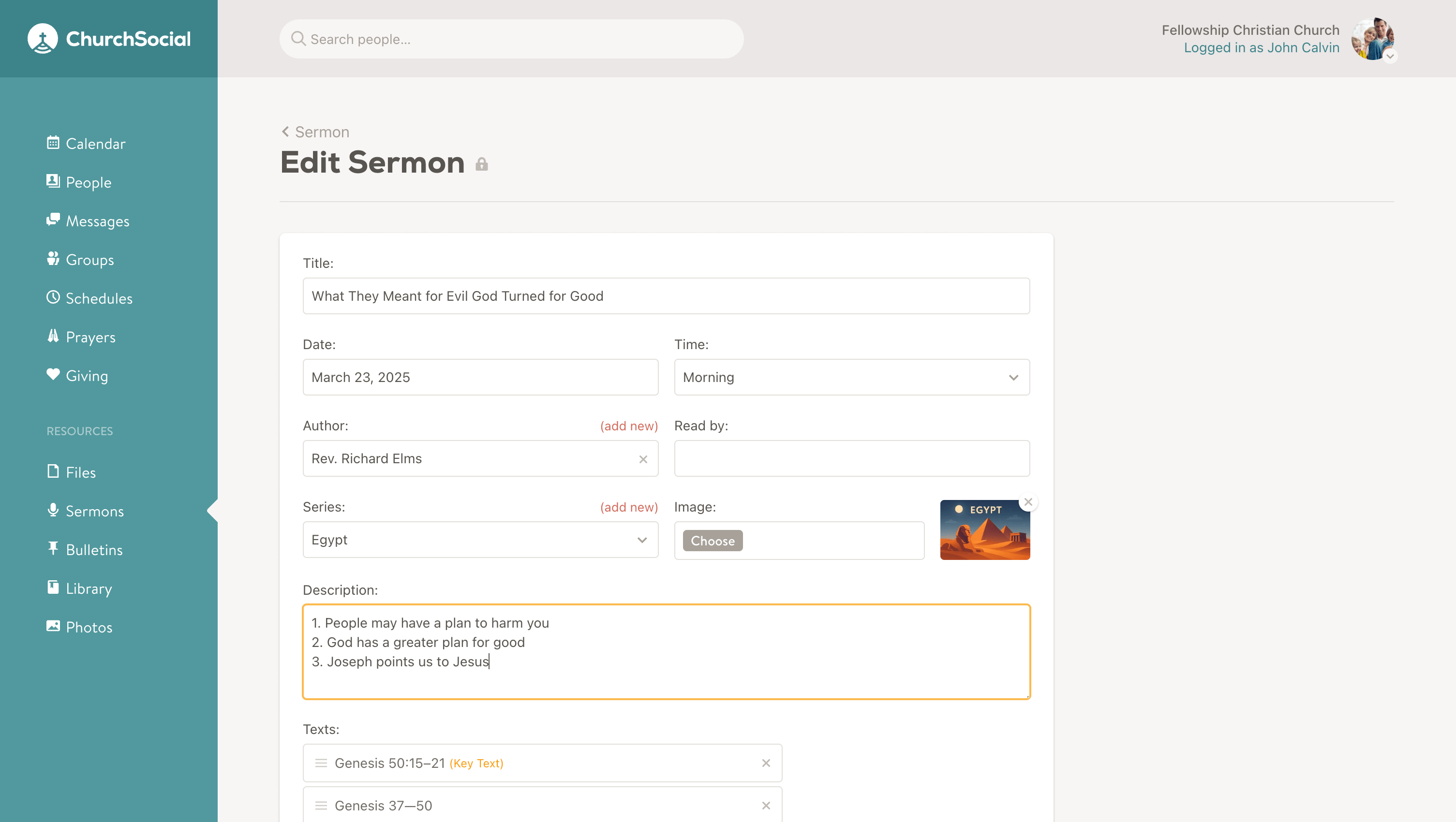 Screenshot of the edit sermon page