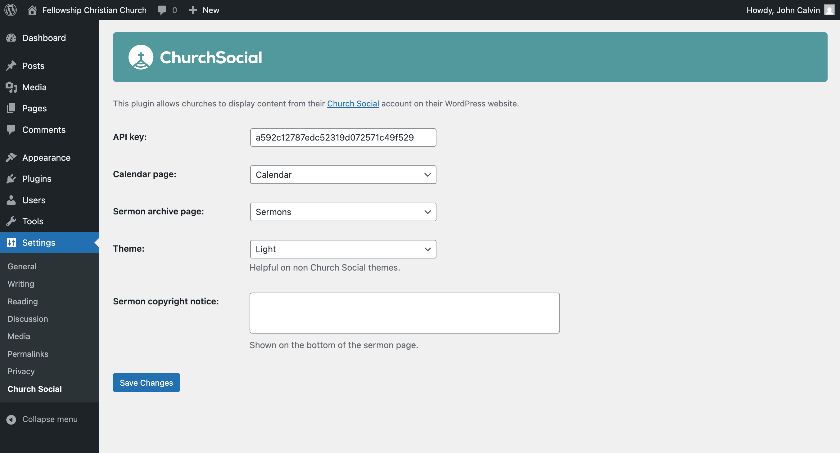 Screenshot of the Church Social WordPress plugin