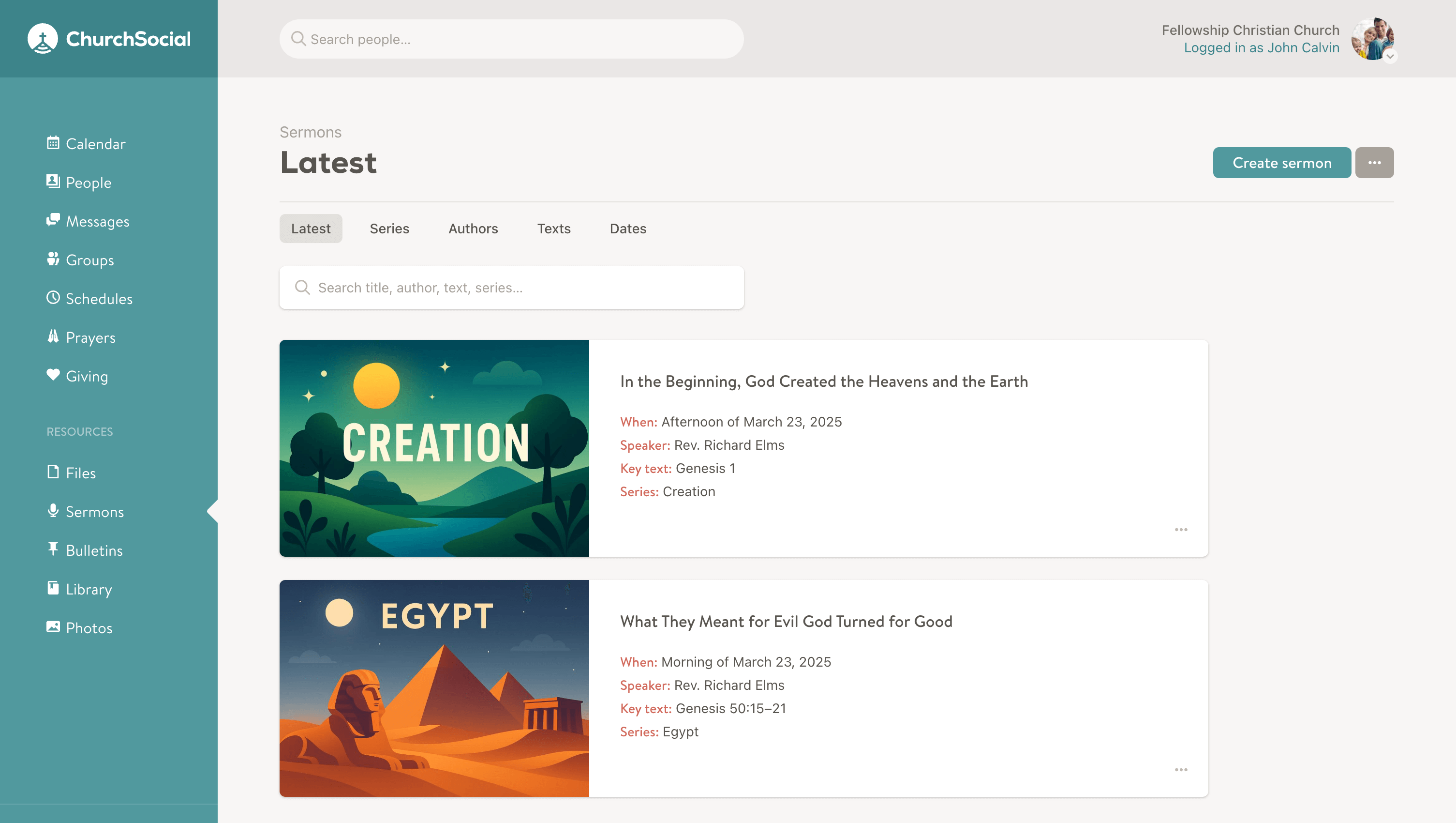Screenshot of sermons page